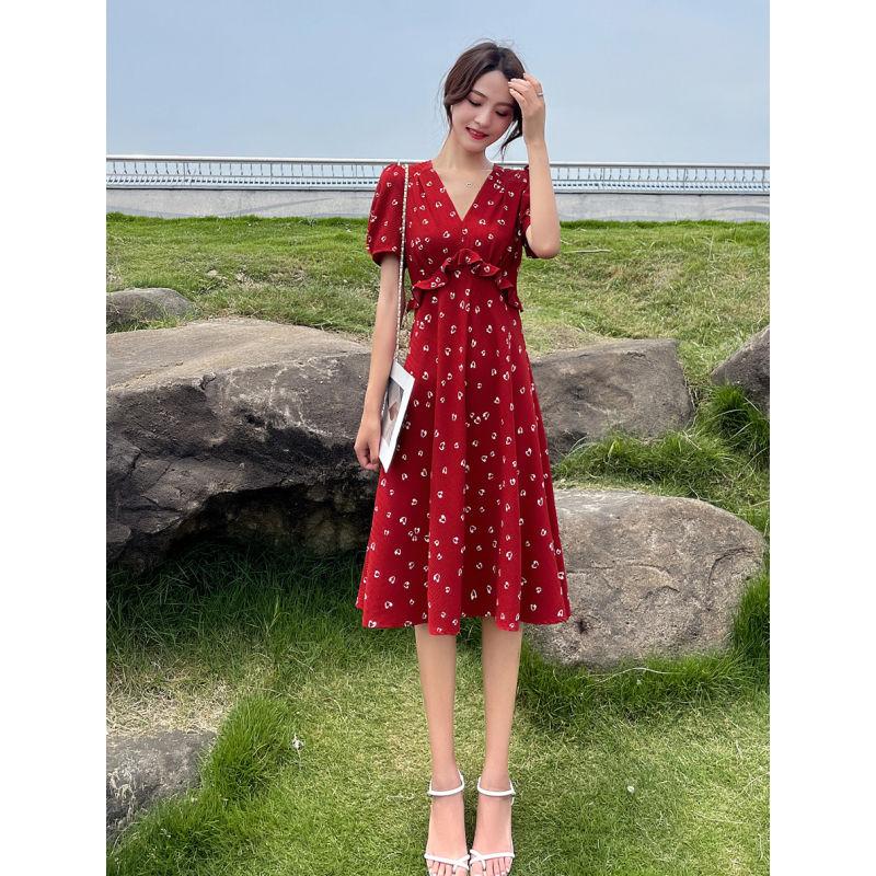 TOBE1SHOP Váy chiffon hoa nhỏ cho phụ nữ 2023 mùa hè Pháp màu đỏ khí chất cao eo mỏng váy