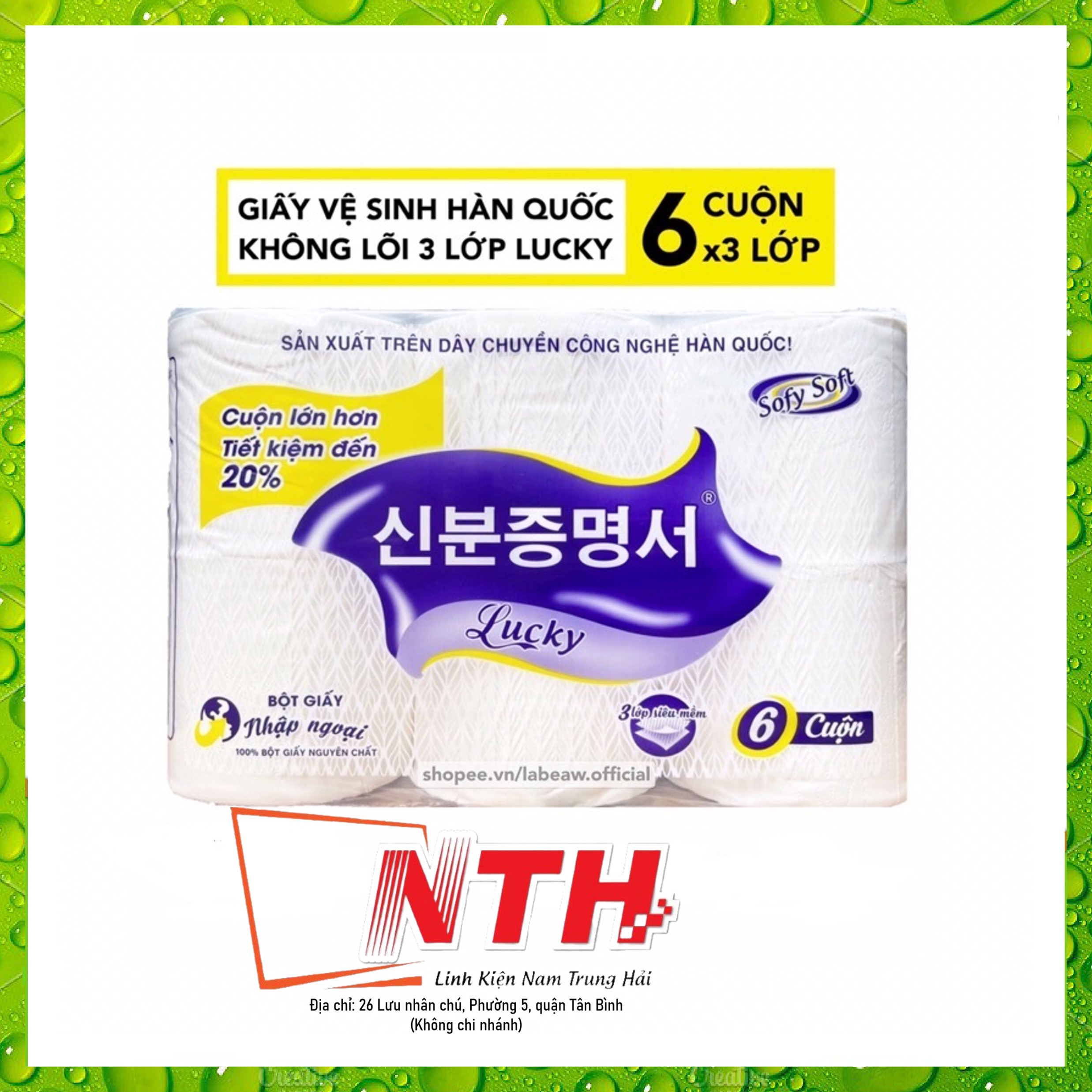 Lốc 6 cuộn khăn giấy vệ sinh Lucky Hàn Quốc không lõi, Giấy vệ sinh Lucky 3 lớp dày min siêu thấm