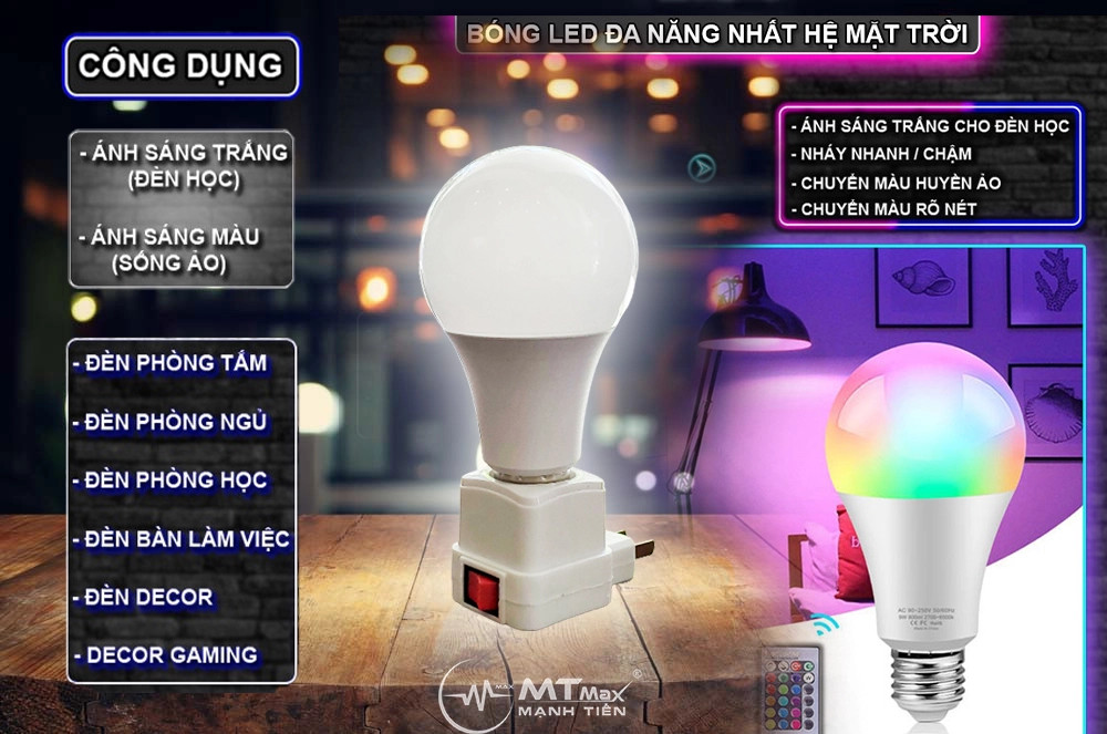 Đèn led đa năng MTMAX MT10A 16 triệu màu sắc quay tiktok giá rẻ đổi màu bằng điều khiển tặng kèm đui đèn
