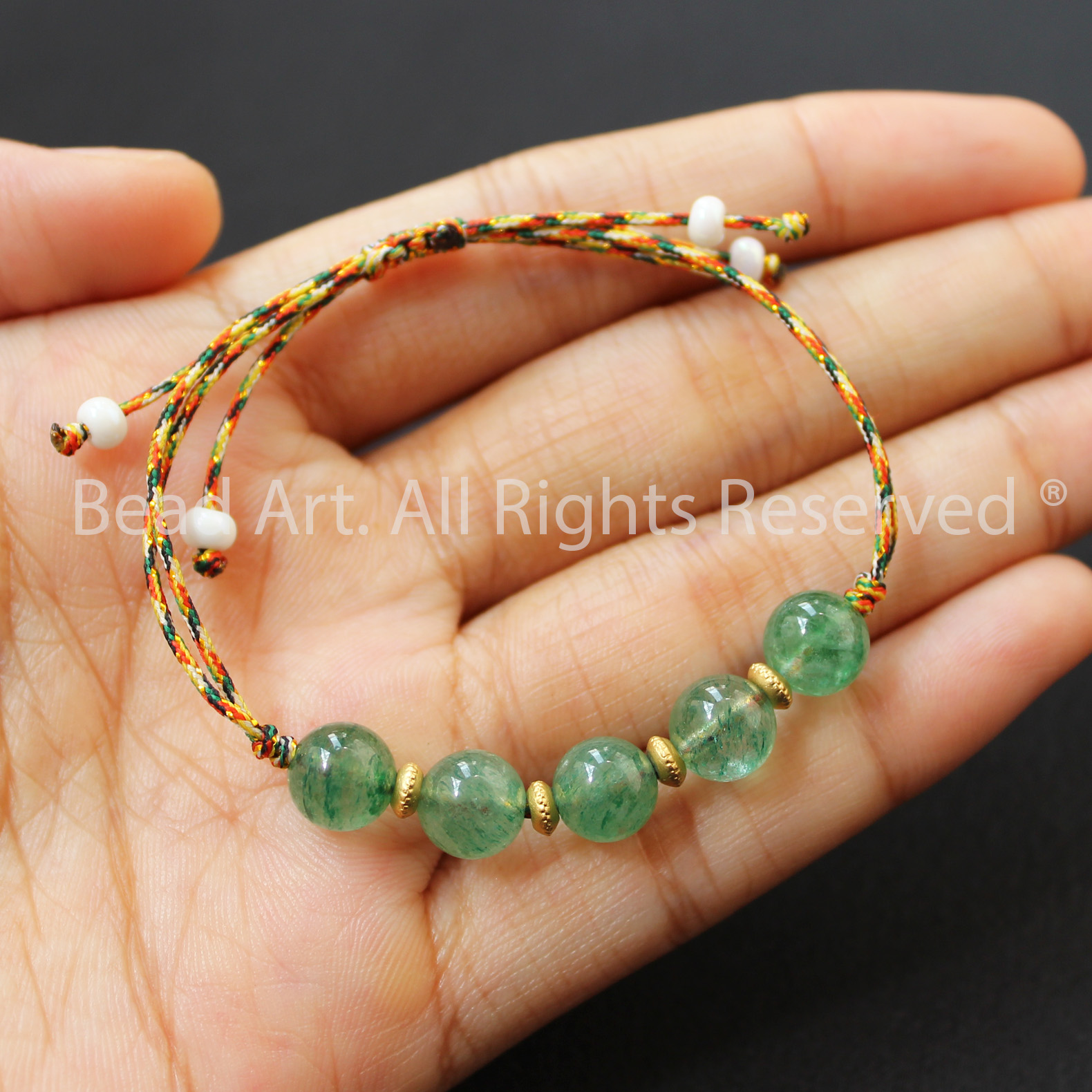 Vòng Tay Dây Ngũ Sắc Và Thạch Anh Dâu Tây Xanh, Mệnh Mộc, Hoả, Vòng Tay Phong Thuỷ, Chuỗi Hạt Hạt- Bead Art