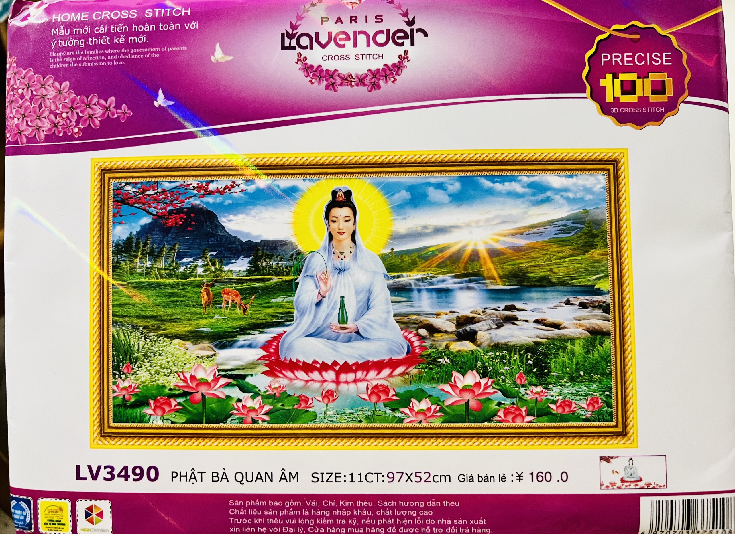 Tranh thêu chữ thập Phật bà quan âm LV3490, kích thước 97 x 52 cm