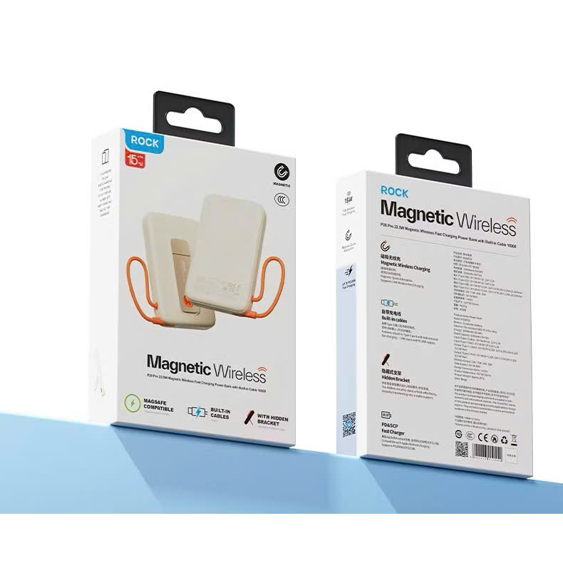 Pin sạc dự phòng không dây 10000mAh kiêm giá đỡ điện thoại Rockspace P28 Pro sạc nhanh 22.5W Magnetic Wireless tích hợp cáp - hàng chính hãng bảo hàng 12 tháng