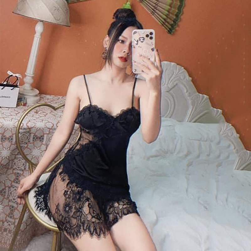 Q76 Váy ngủ hai dây phối ren sexy  - Đầm ngủ lụa cao cấp - Đồ ngủ nữ