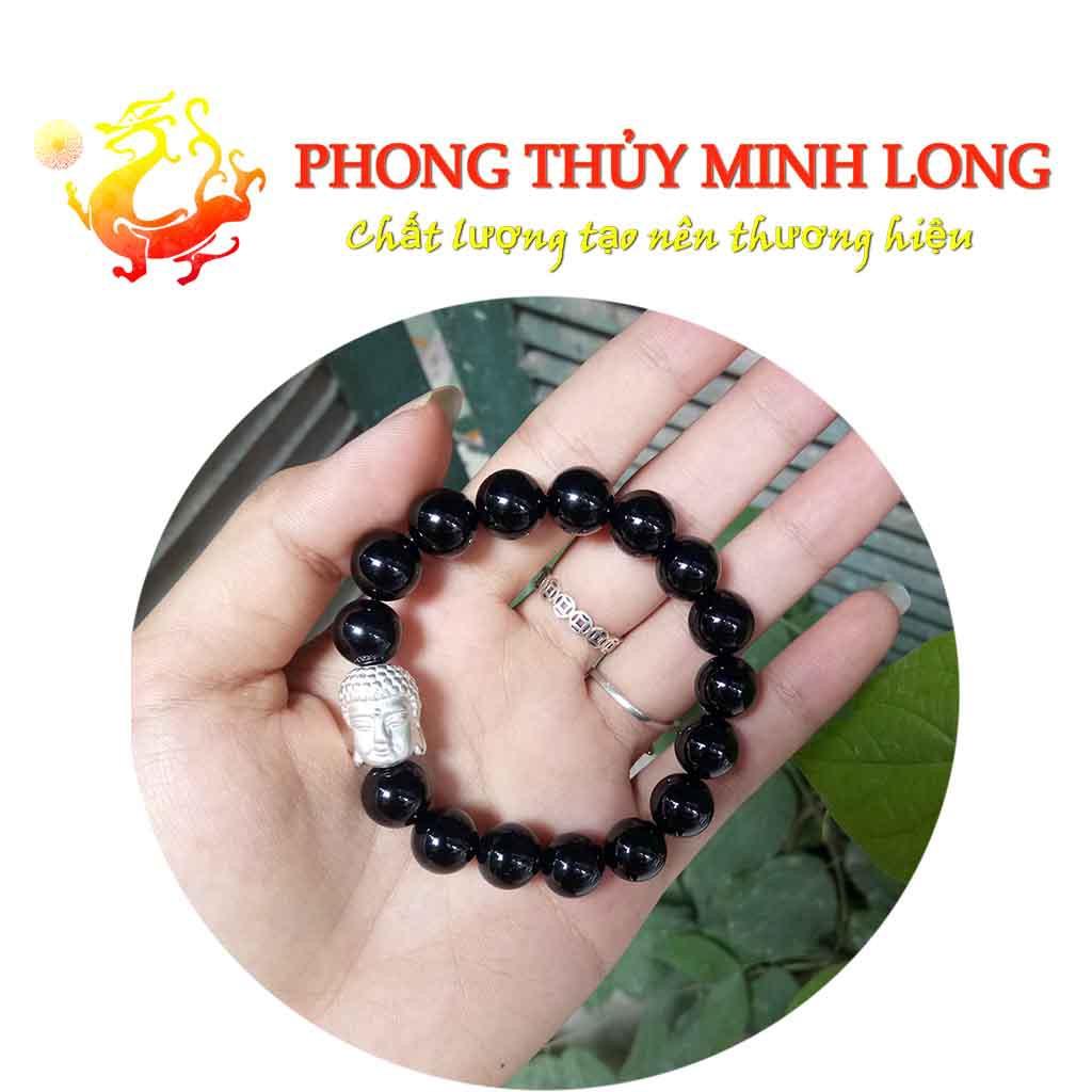 Vòng tay đá Mã Não Đen chất lượng 3A mix mặt phật bằng Bạc