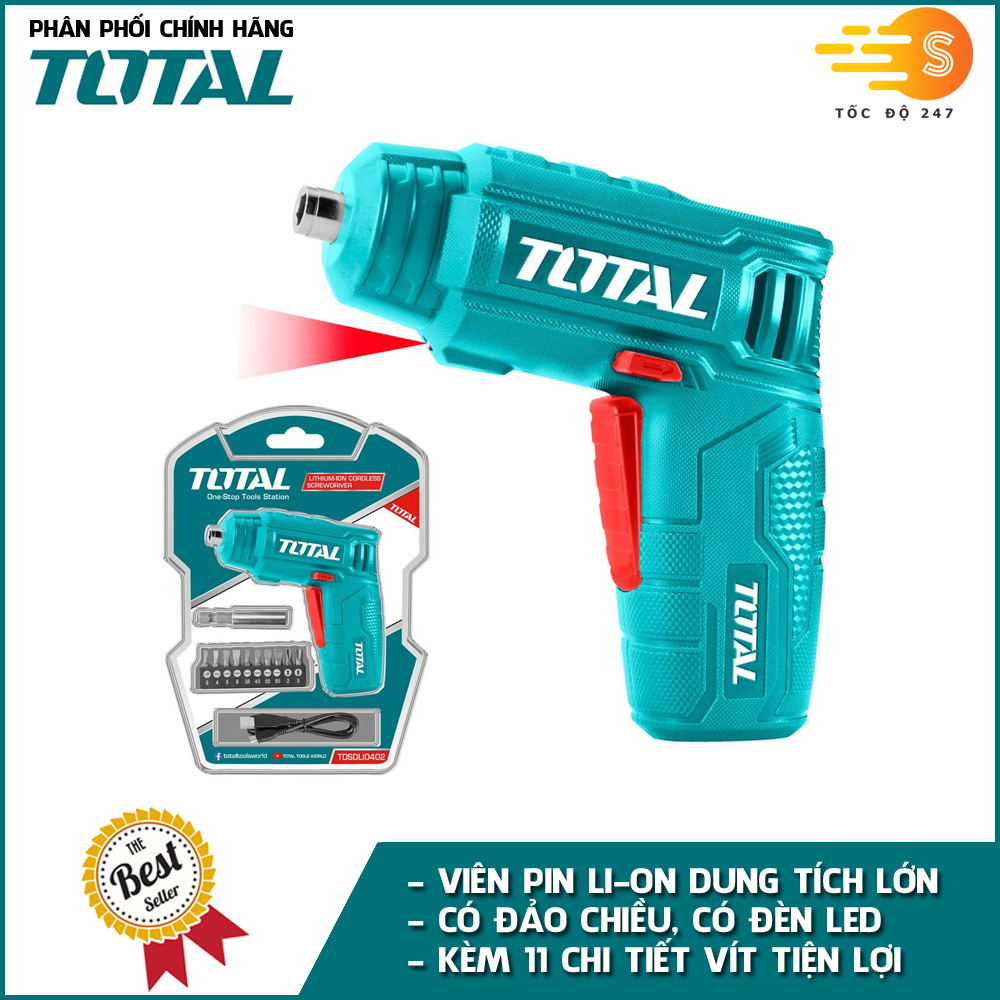 Bộ máy bắt vít dùng pin 4V kèm 11 chi tiết vít TOTAL TSDLI0402 - vặn vít, siết vít, pin dung lượng cao, có đèn LED, có đảo chiều