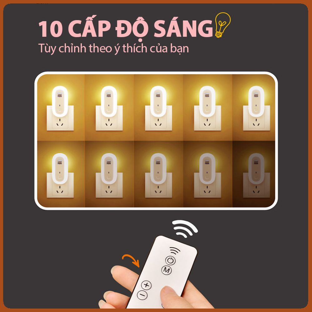 Đèn ngủ Oval cắm điện 10 cấp độ sáng có remote - đèn ngủ thông minh - hẹn giờ - 2 cổng USB sạc nhanh DRU - Hàng Chính Hãng
