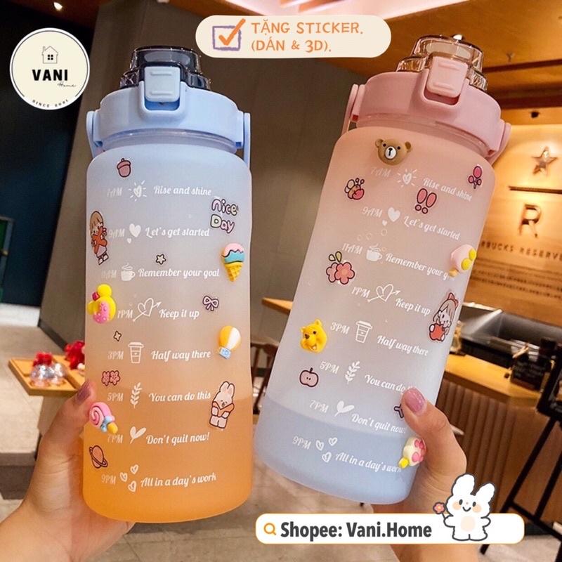 Bình nước nhắc nhở uống nước mỗi ngày 2 lít tiện lợi tặng kèm ống hút - Bình đựng nước thể thao - Chai detox sức khoẻ
