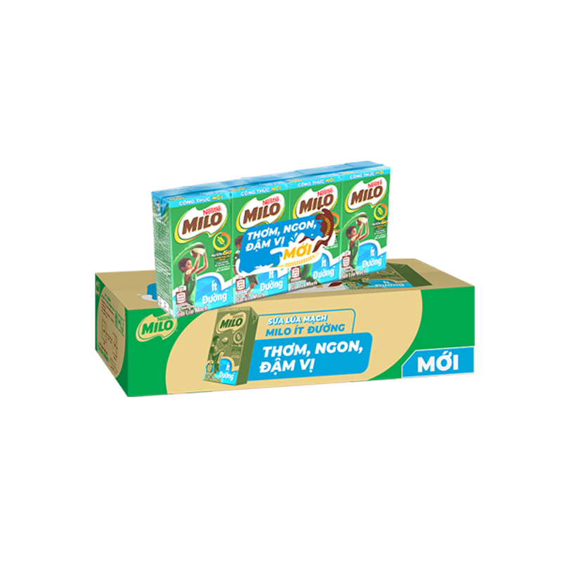 [Tặng Túi Đeo Chéo Chữ Nhật Milo] Sữa lúa mạch Nestlé MILO Ít Đường thùng 48 hộp x 110ml (12x4x110ml)
