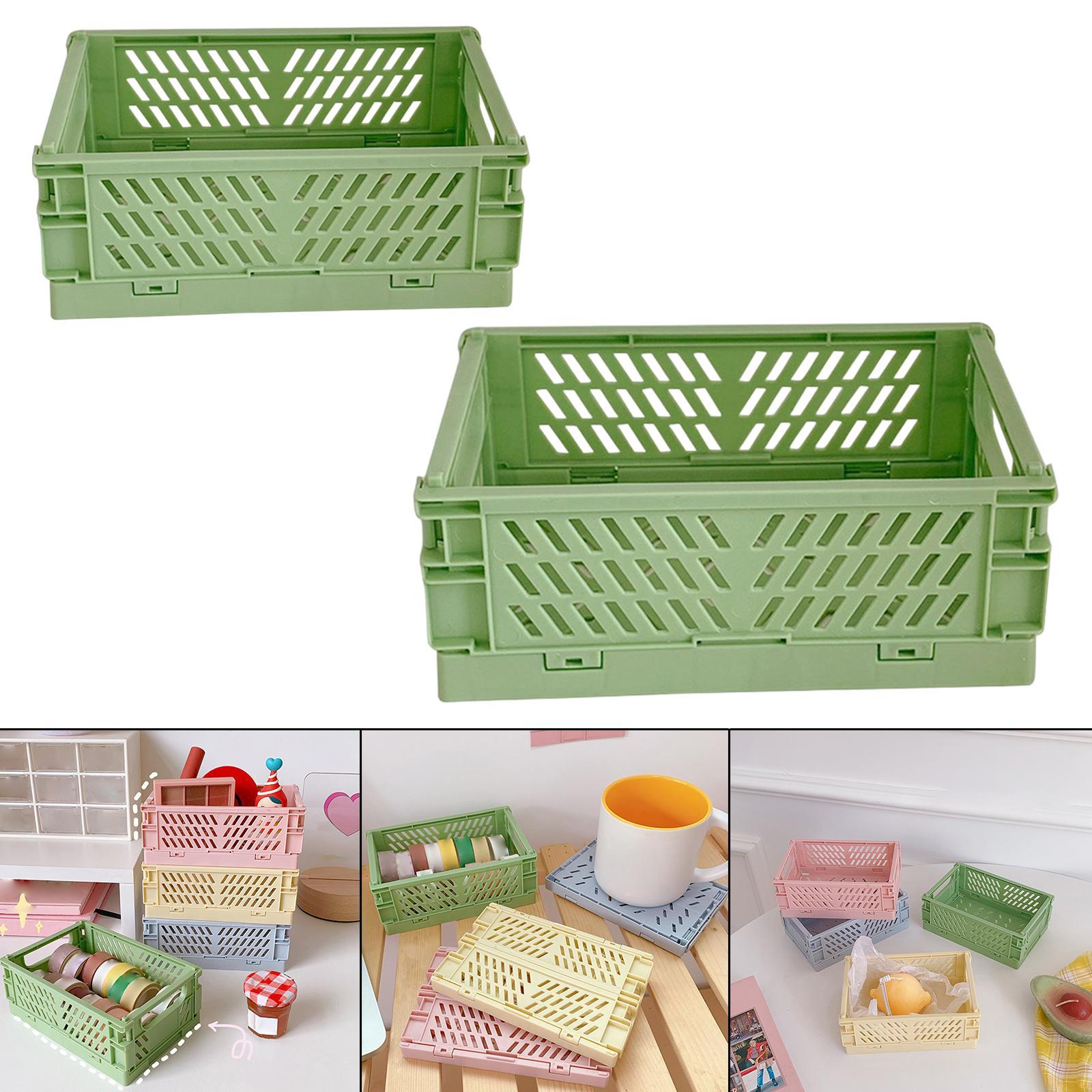 2x Folding Storage Basket Storage Crate with Handle for Bedroom Desk Green