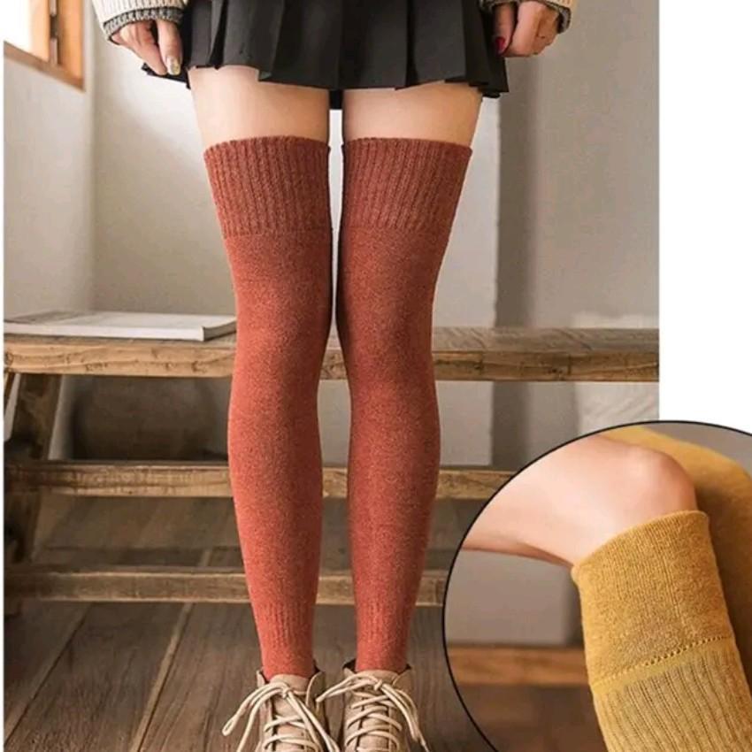 Tất/vớ đùi len dệt, tất bắp chân dày dặn giữ ấm cho nữ, chống tụt, tất giả boot, mẫu mới thu đông, phong cách, thời trang Women Đen - Vỏ quýt
