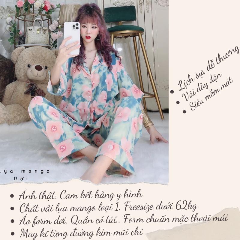 Đồ bộ mặc nhà Pijama tay ngắn quần dài, bộ ngủ dễ thương lụa mango mềm mát - Freesize dưới 62 kg