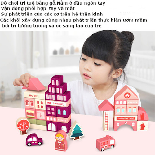 Bộ xếp hình bằng gỗ mô hình thành phố - Mẫu B gồm 100 khối xây dựng thành phố + Sàn giao thông + xô