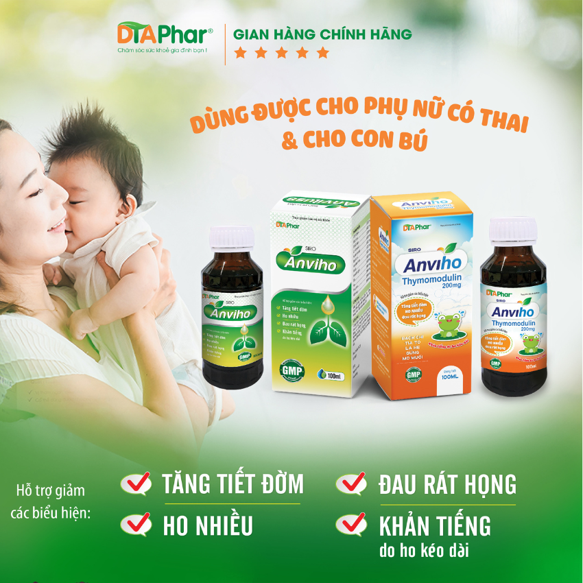 Siro ho cho mẹ bầu và trẻ sơ sinh Anviho hỗ trợ giảm ho khan tiếng đau rát họng Chai 100ml Tâm An Pharma