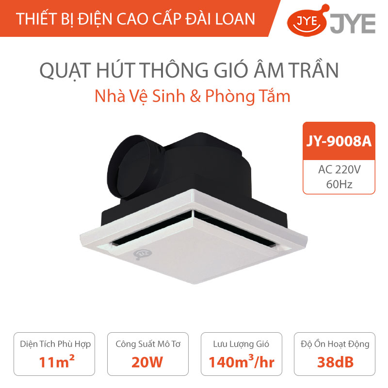 Quạt Hút Thông Gió Gắn Âm Trần JYE (JY-9008A) Công Suất 20W, Ống Thổi Ngang Dùng Cho Nhà Vệ Sinh &amp; Phòng Tắm - Hàng Chính Hãng