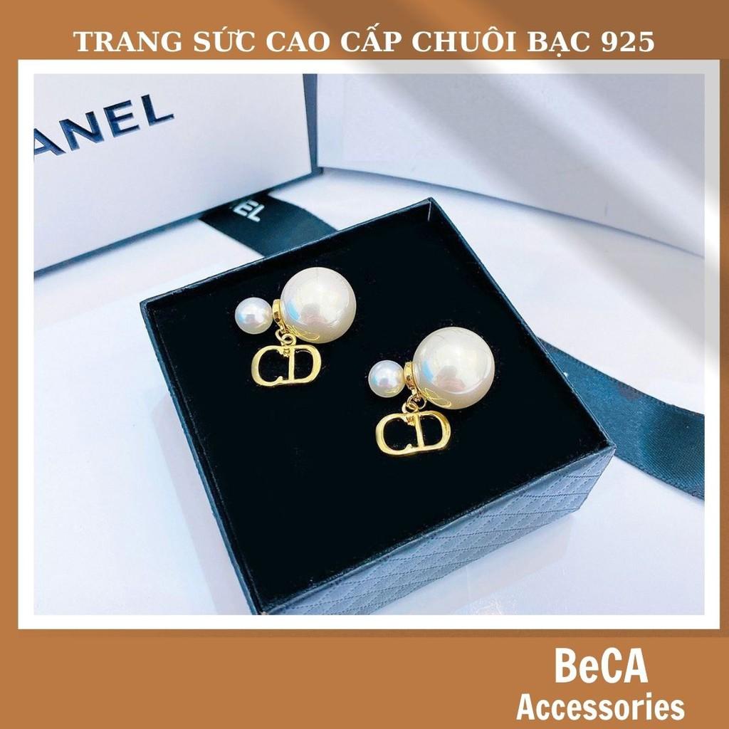 Khuyên tai nữFREE SHIPBông tai ngọc phối chữ CD - Hoa tai nữ chuôi bạc 925