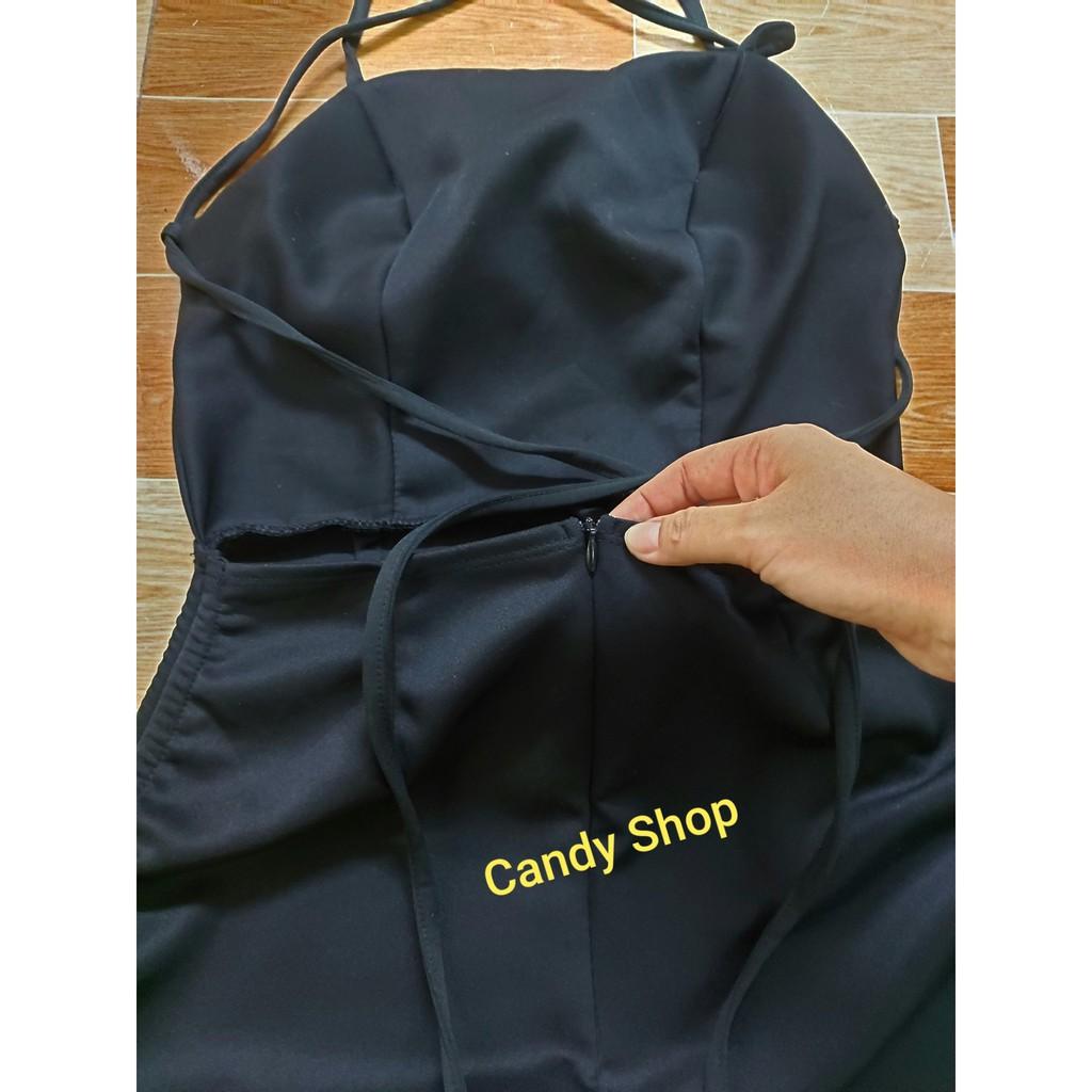 Đầm body rút dây cổ yếm đan dây lưng kèm mút