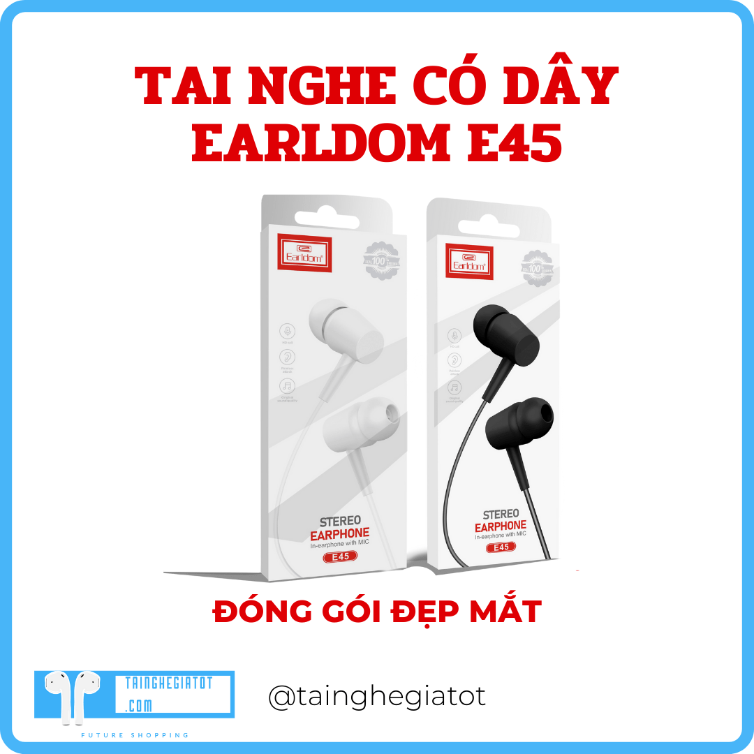 Tai nghe nhét tai có dây Earldom E45 jack 3.5 chống ồn dây dài 120cm Hàng Chính Hãng