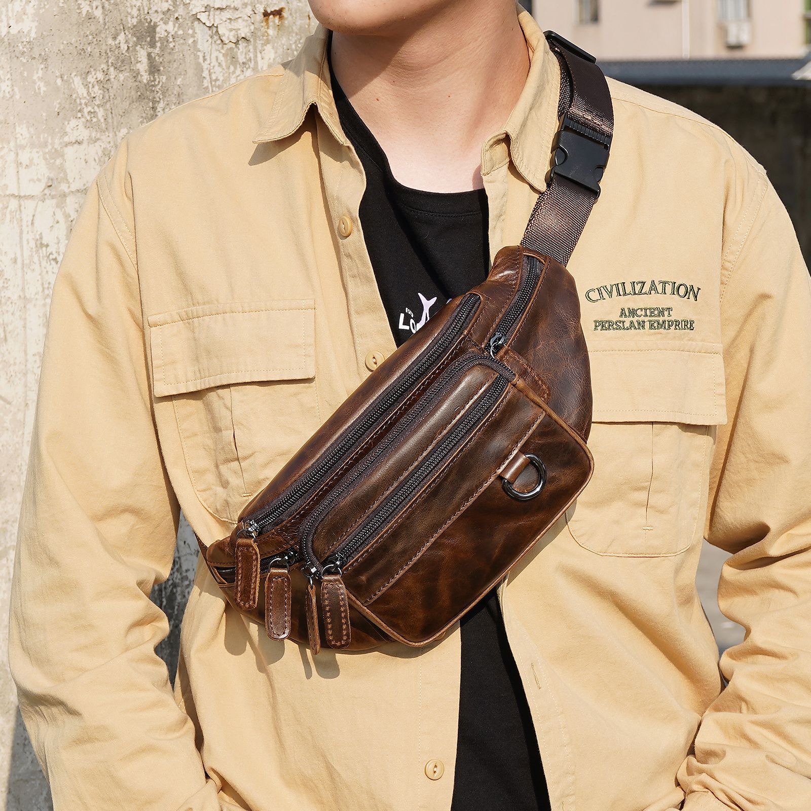 Túi bao tử nam đa năng da bò BHM9044 Đeo bụng, đeo ngực, đeo vai