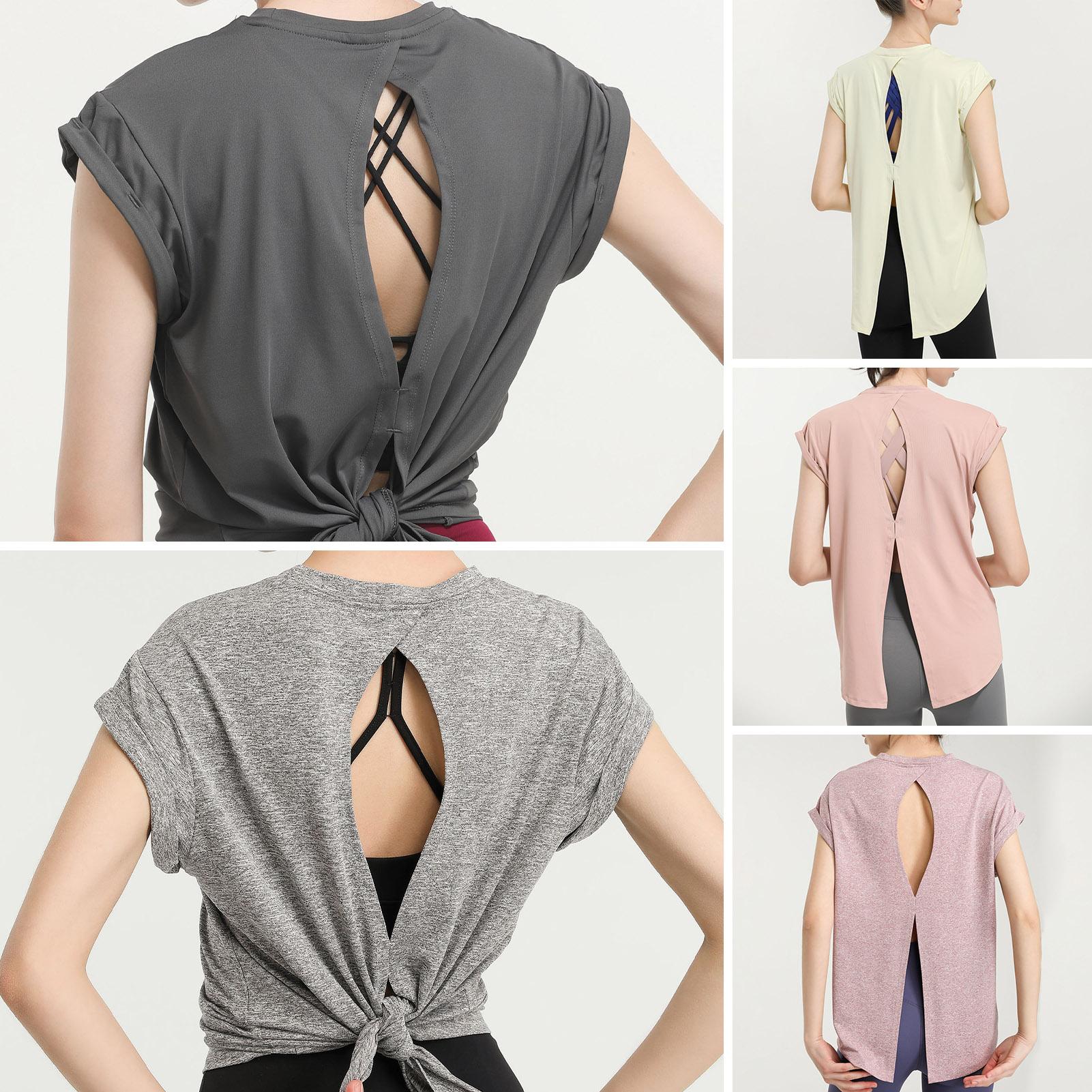 Áo thun thể thao nữ xẻ lưng giúp tôn dáng, tay ngắn, nhanh khô, dùng trong yoga, gym