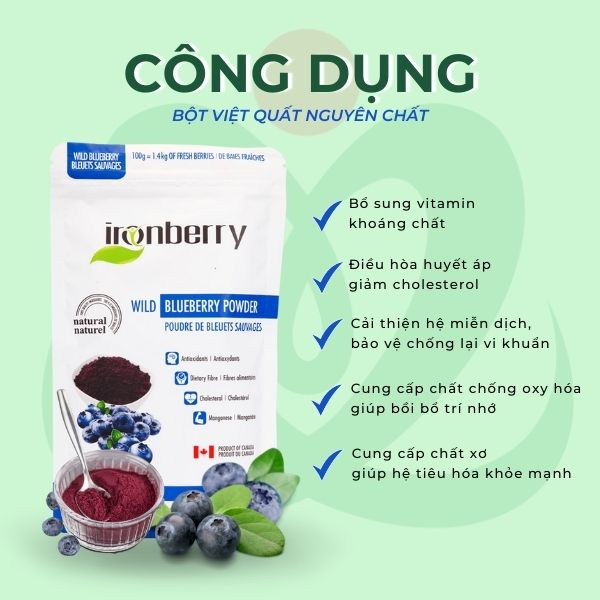 Bột việt quất nguyên chất nhập khẩu Canada không đường, bổ sung khoáng chất vitamin IRONBERRY- Wild blueberry powder