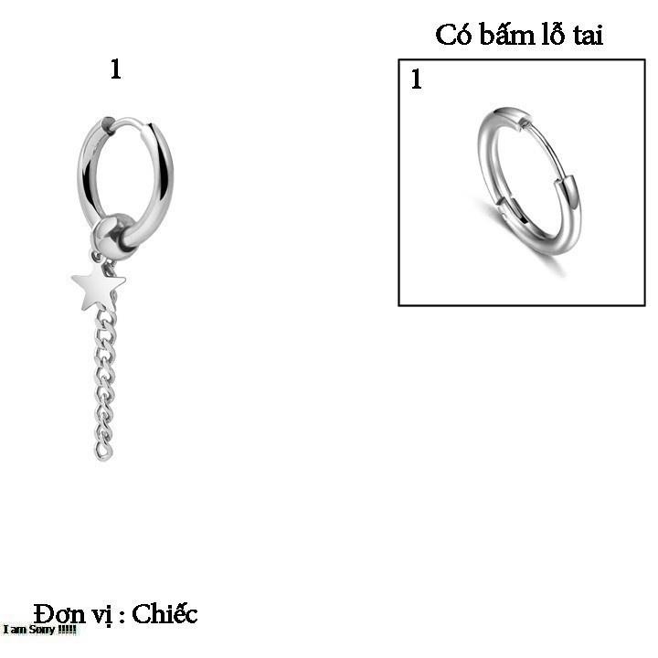 Bông tai nam inox cao cấp 1 chiếc Kpop thép không gỉ bấm lổ tai ngôi sao tòn ten