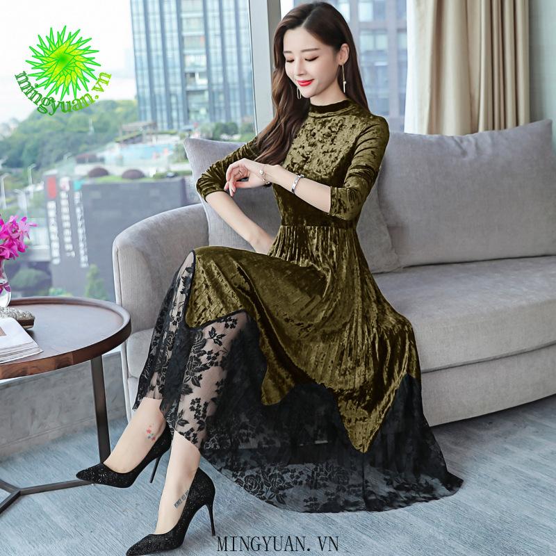 Đầm Nhung Phối Ren Dài Tay Phong Cách Thanh Lịch Dành Cho Nữ