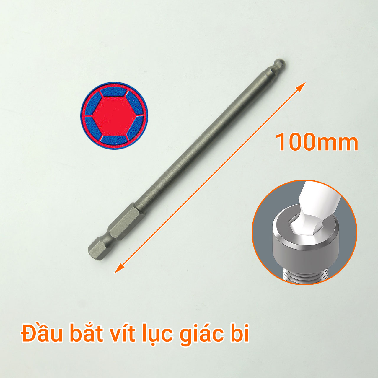 Đầu bắt vít lục giác bi dài 100 mm chuôi lục thép S2