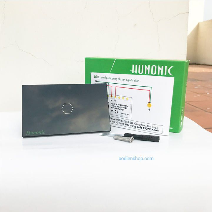Công tắc cảm ứng bằng điện thoại HUNONIC 1 Nút màu đen - WIFI + HẸN GIỜ