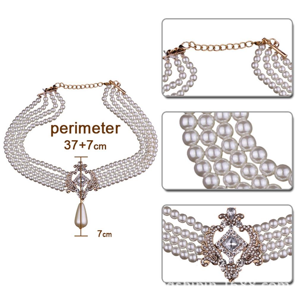 Fashion 4 Strands Pearl Chain Strand Choker Collar Statement Bib Necklace