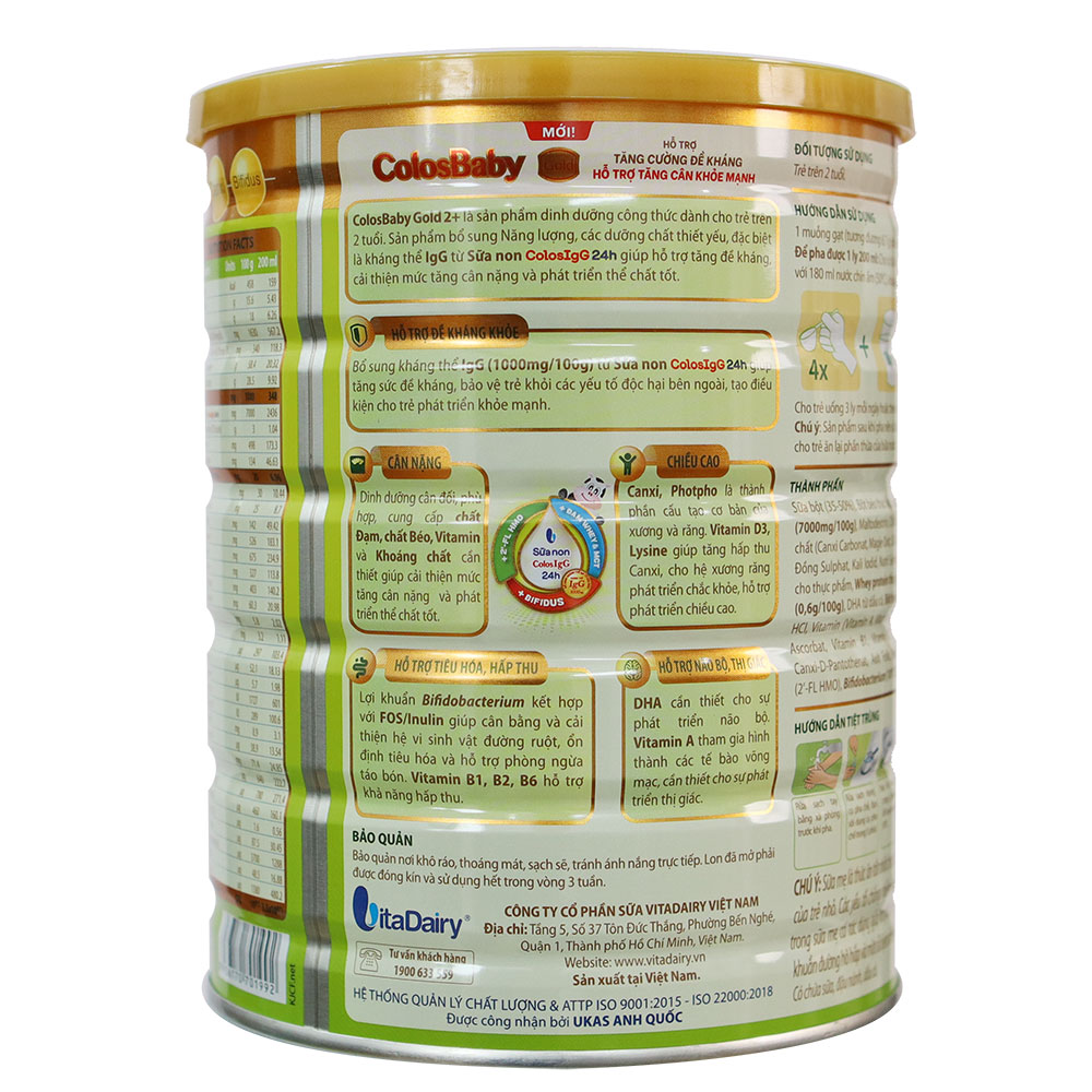 Sữa công thức Colosbaby Gold 2+ Mới vị THANH NHẠT lon 800G (trên 2 tuổi)