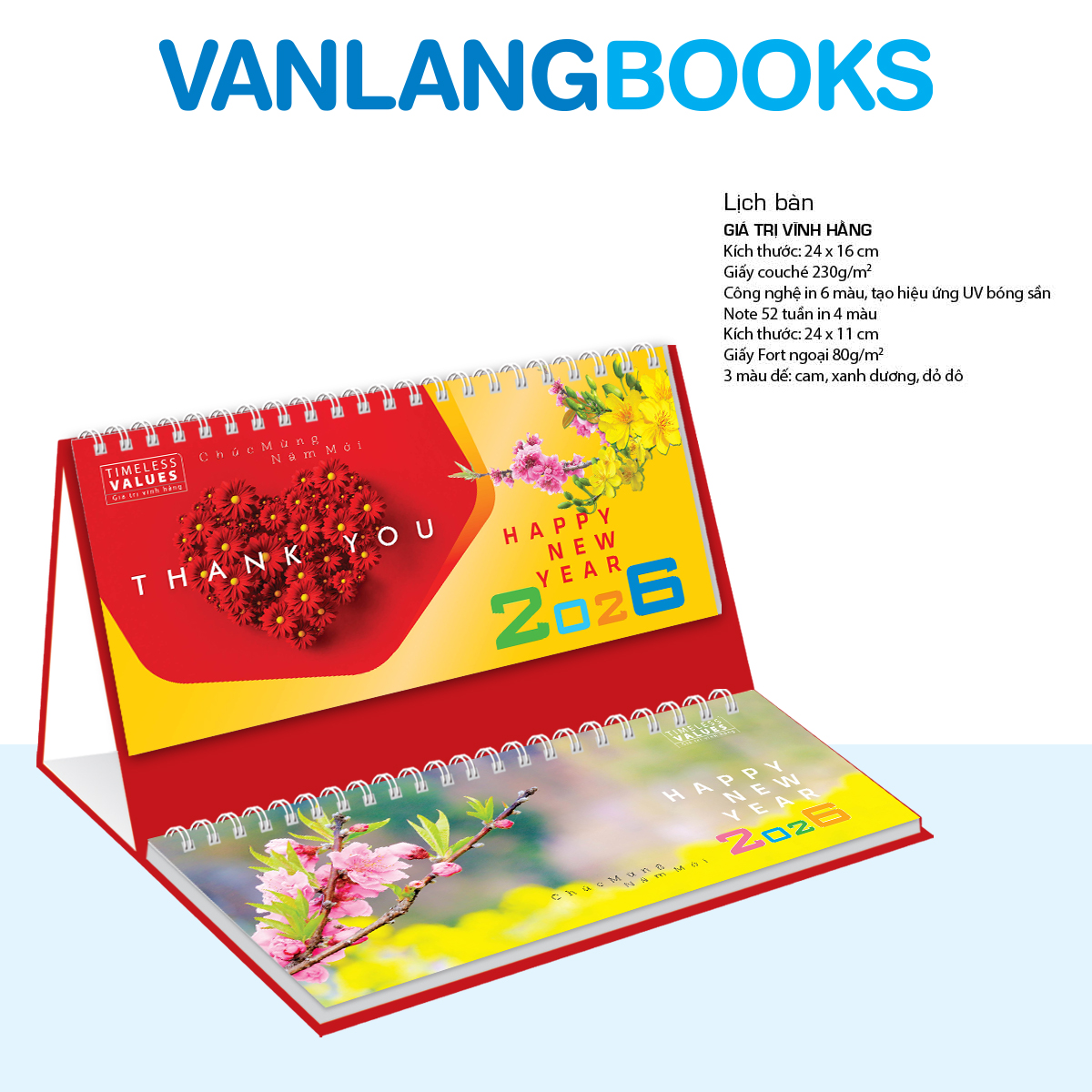 Lịch Bàn 2026 Vanlangbooks - Giá Trị Vĩnh Hằng - VLLB12A - Kèm Note 52 Tuần Tiện Lợi - Màu Đỏ
