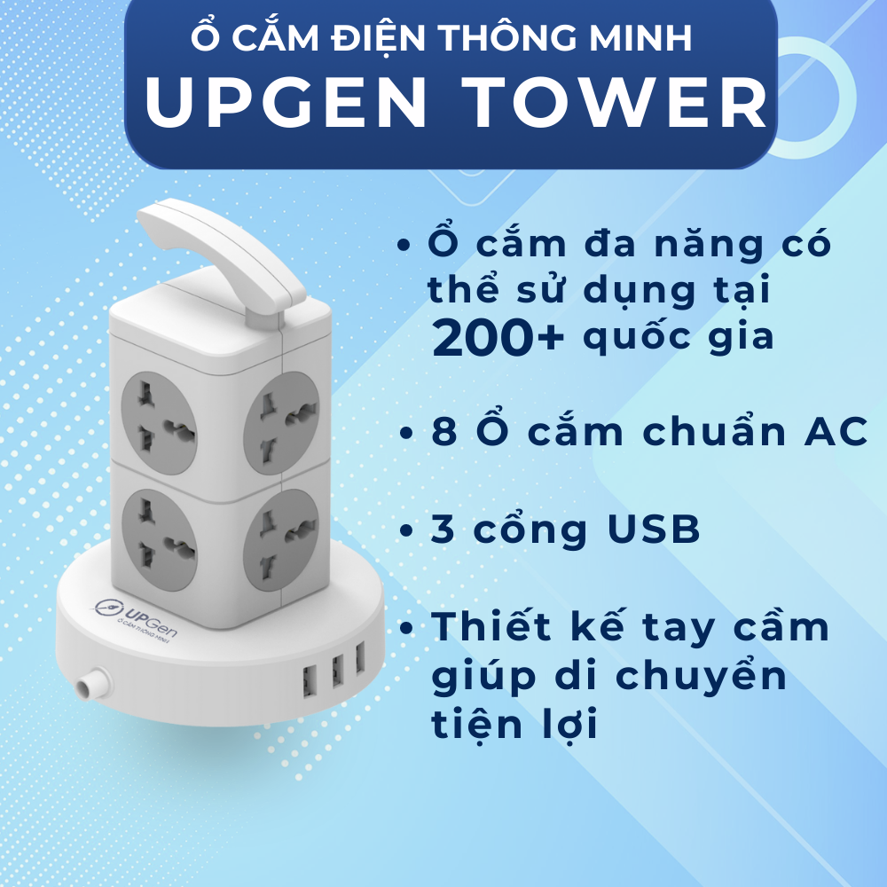 Ổ Cắm Điện Đa Năng UPGEN TOWER Dạng Tháp Nhiều Tầng Chịu Tải Lớn, 3 cổng USB Sạc Nhanh, An Toàn Chống Cháy, Chống Giật, Dây Dài 3m, BH 12 tháng