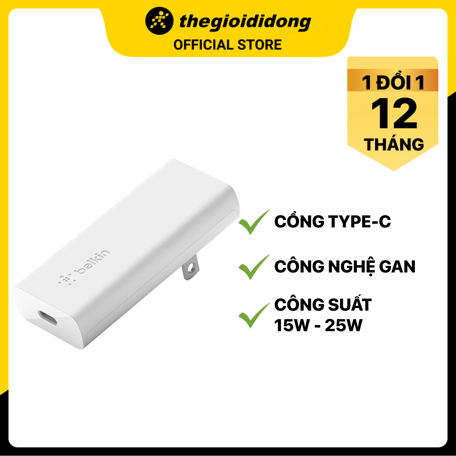 Adapter sạc Type C PD 20W GaN Belkin WCH009 Trắng - Hàng chính hãng