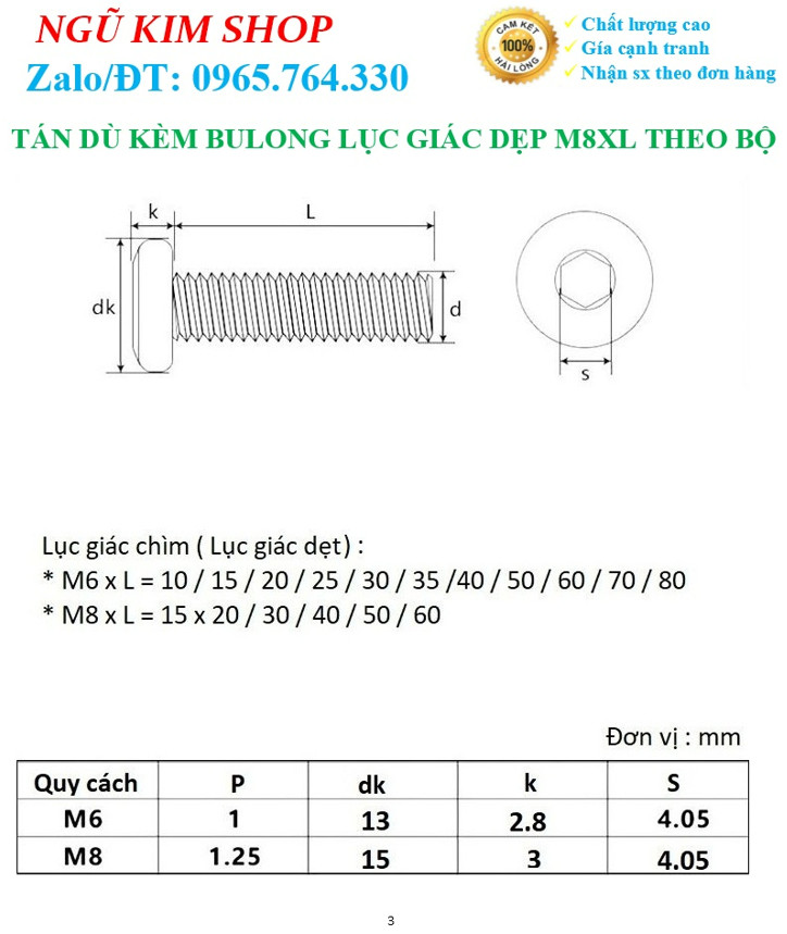 TÁN DÙ KÈM BULONG LỤC GIÁC DẸP M8 x L THEO BỘ