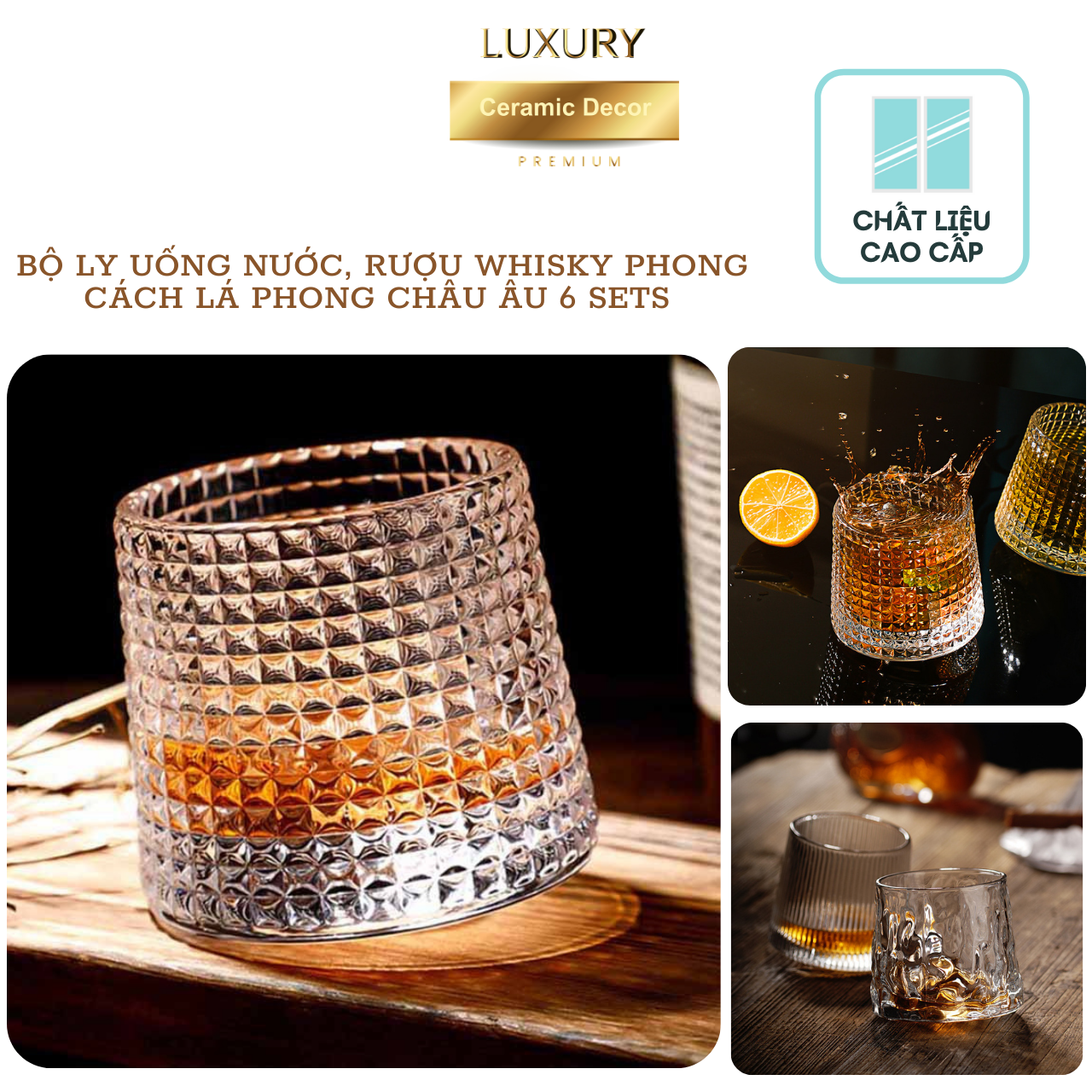 Bộ Ly Uống Nước, Rượu Whisky Phong Cách Caro Châu Âu 6 Sets DECOR LUXURY - Hàng Nhập Khẩu