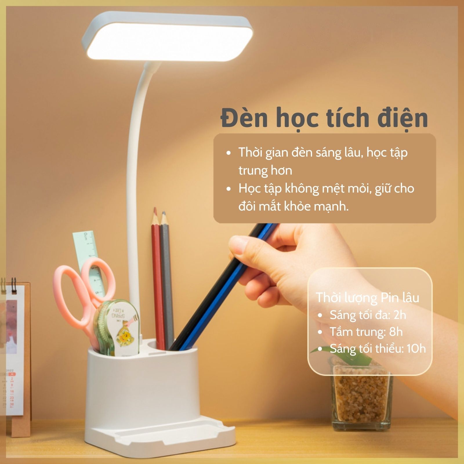 Đèn học để bàn Pin sạc 1250 mAh đựng bút chữ nhật Ba nhiệt độ màu Làm mờ vô cấp