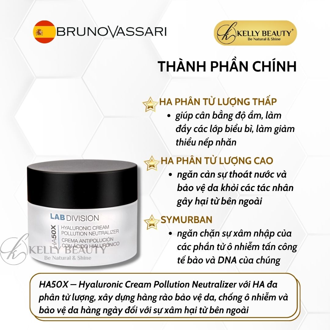 Kem Dưỡng Ẩm Bruno Vassari HA50X Hyaluronic Cream Pollution Neutralizer - Chống Ô Nhiễm, Căng Mịn Làn Da | Kelly Beauty