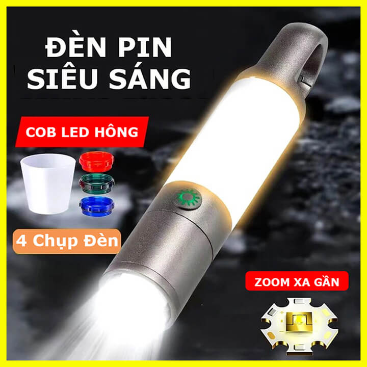 Đèn pin mini siêu sáng cầm tay 8 chế độ Zoom xa gần, chống nước có móc treo tiện lợi, Đèn led cắm trại dã ngoại-H20