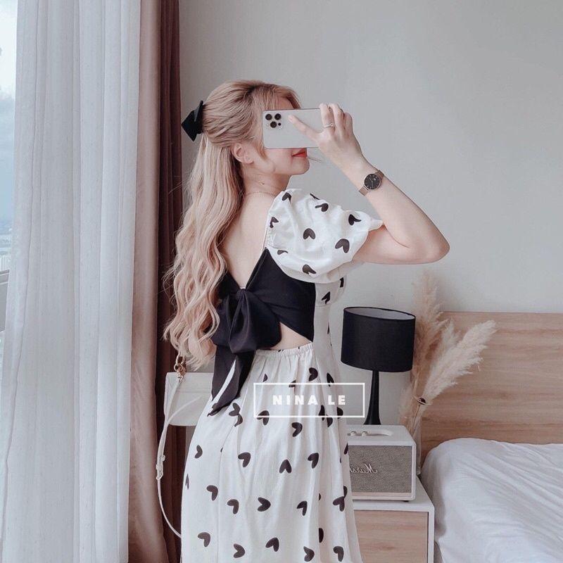 Đầm Nữ Cổ Vuông Họa Tiết Trái Tim Nơ Lưng Cộc Tay Vải Đũi Lụa Q112