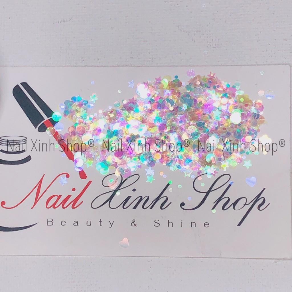 Sequin hủ trắng đa sắc trang trí móng nail nghệ thuật, phụ kiện nail cao cấp (mix ngôi sao,trái tim, tròn, lục giác)