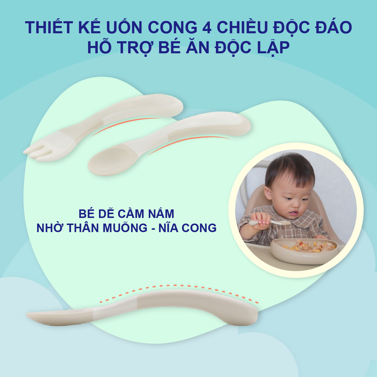 Bộ muỗng nĩa cong RICHELL TLI cho bé tự xúc có hộp đựng  | Baby