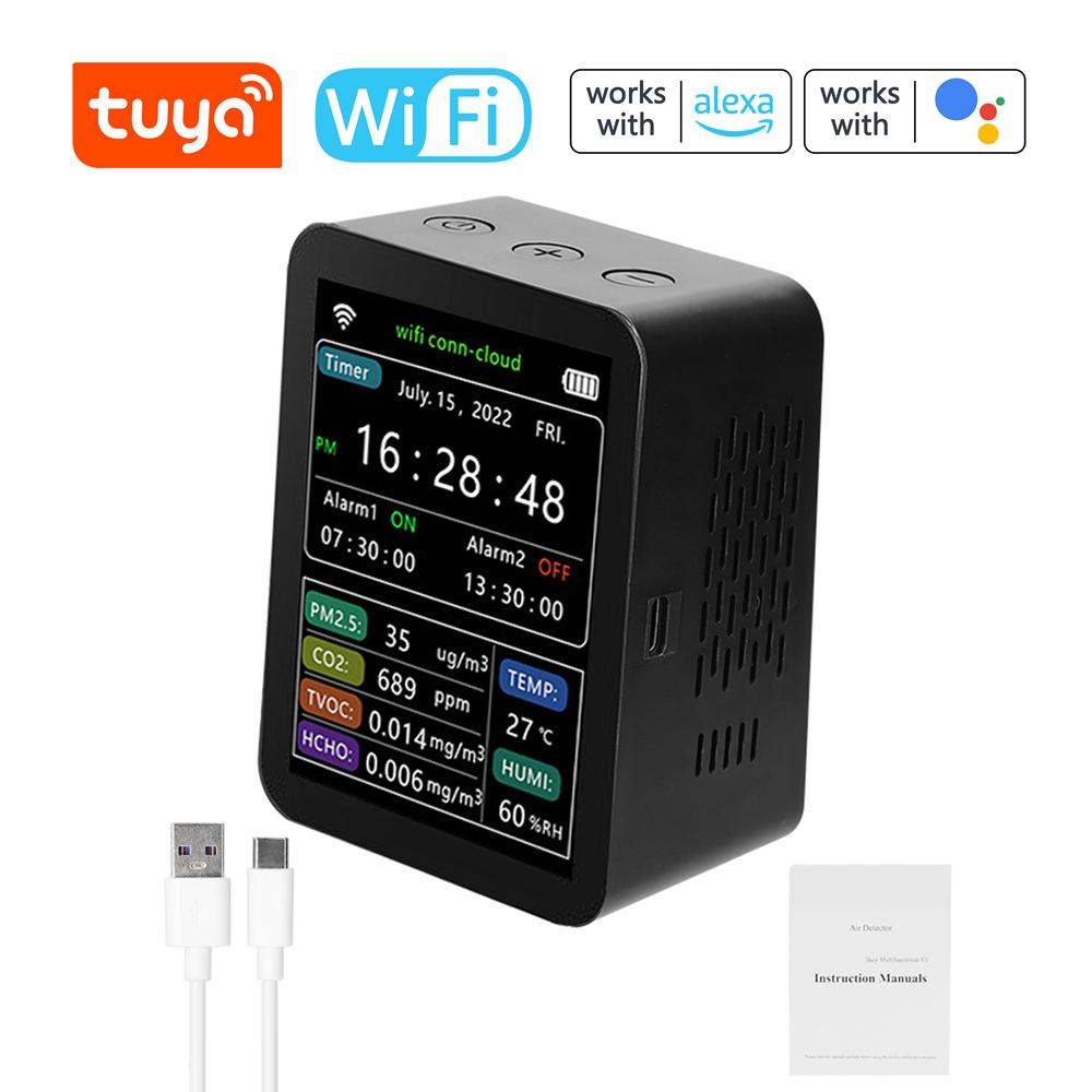 Tuya WiFi Intelligent Air Quality Detector PM2.5 CO2 TVOC HCHO Temperature Humidity 6 In 1 Detector Time Date Week Display Mobilephone APP Remotes Viewing 2 Sets Alarm Clock Home Indoor Desktop Air Quality Monitor