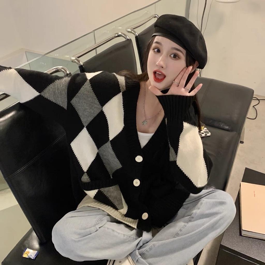 Áo khoác len cardigan nữ form rộng dáng dài dày dặn bigsize phối kẻ caro len thừng phong cách Ulzzang Hàn Quốc trẻ trung