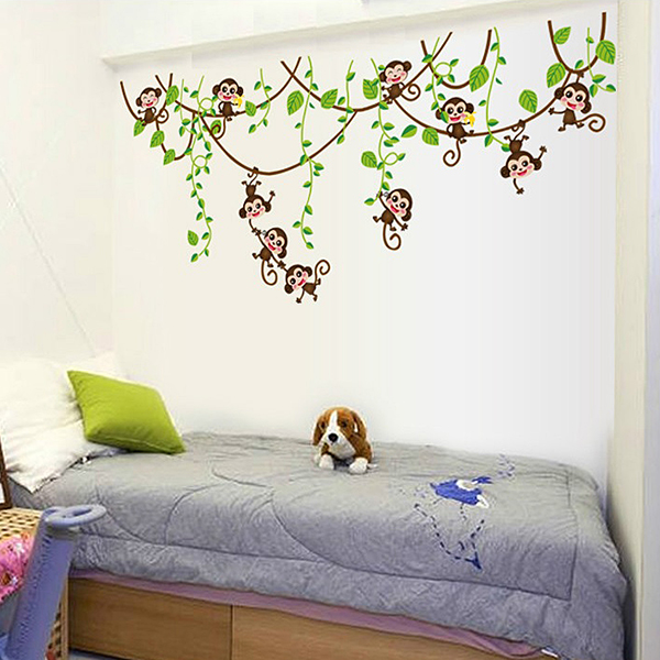 Decal Dán Tường Khỉ Con Đu Dây - 2 Bộ