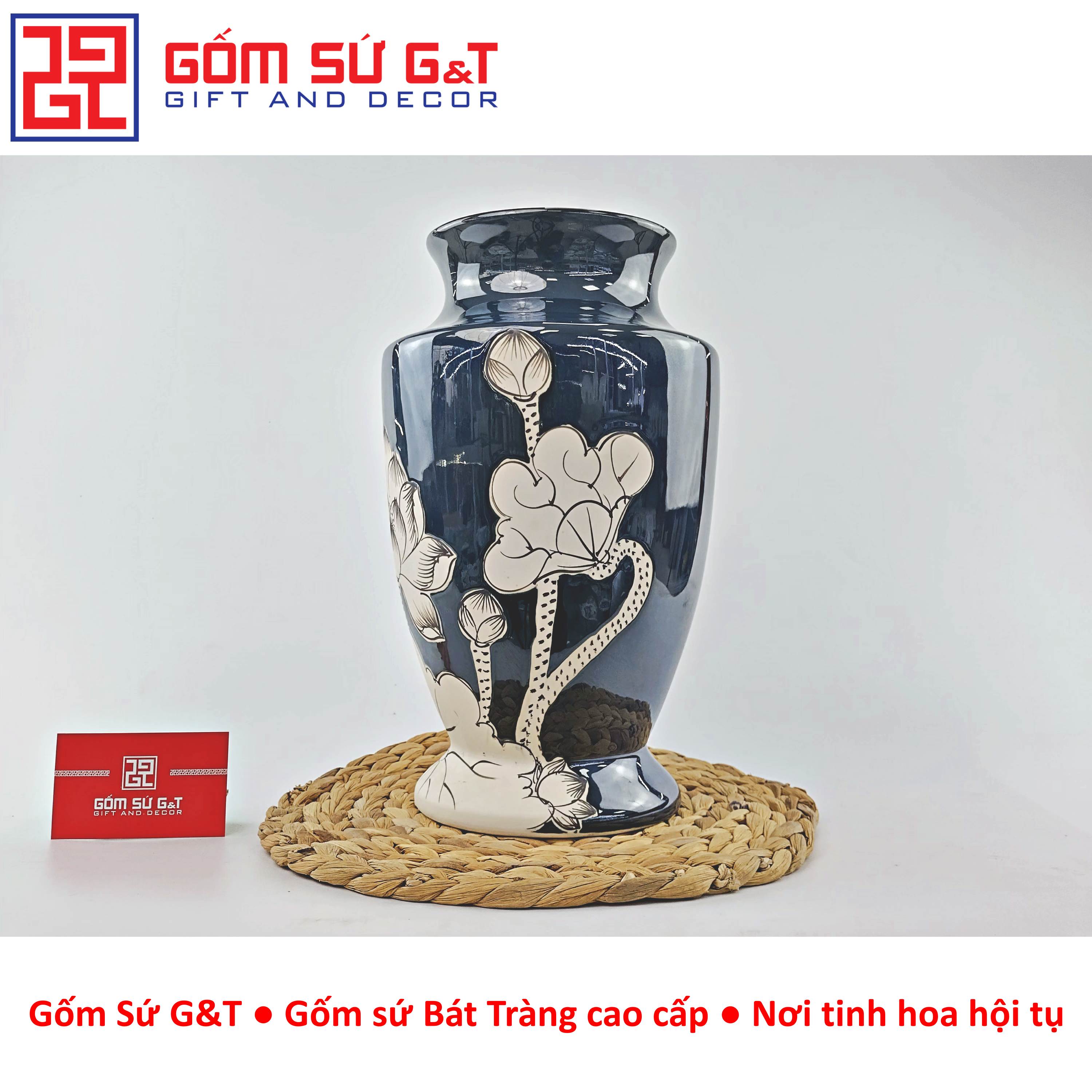 Lọ hoa men hỏa biến dáng chân voi vẽ sen Gốm Sứ G&amp;T