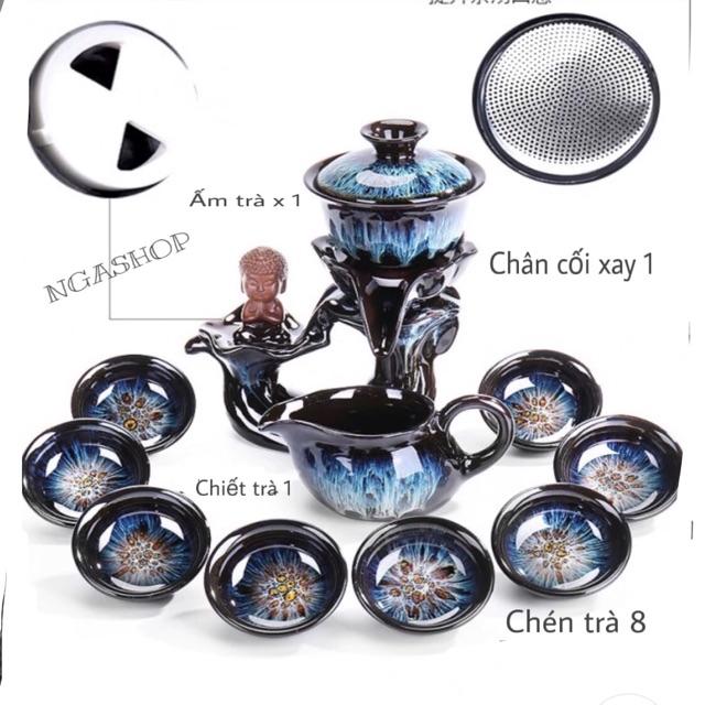 Bộ ấm chén pha trà đẹp Cối xay gốm sứ cao cấp,18-19 chi tết nâu tím chú tiểu