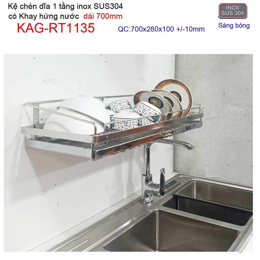 Kệ đựng chén bát dài 60cm inox 304, kệ úp chén dĩa 1 tầng có khay hứng nước inox KAG-RT1134