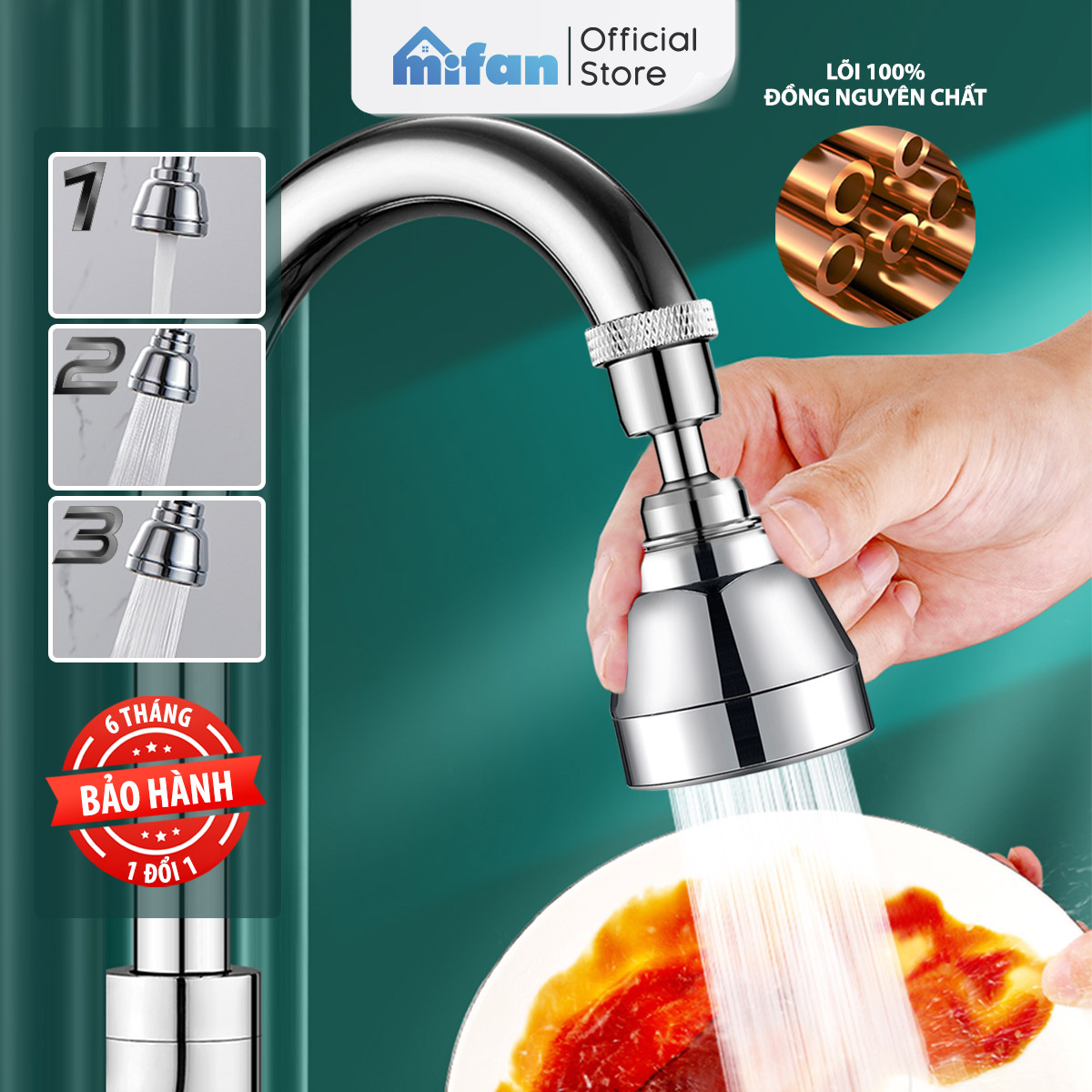 Đầu nối vòi rửa bát tăng áp đồng thau inox 304 cao cấp Mifan - Xoay 360 độ, 3 chế độ nước cực mạnh, sục khí chống bắn toé - Bồn rửa chén nhà bếp