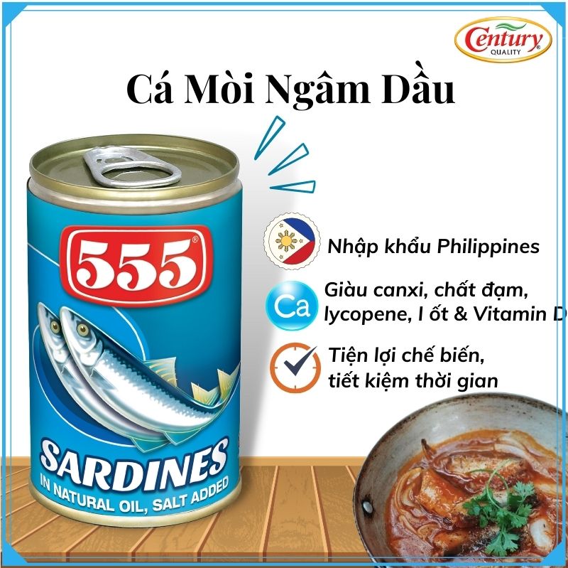 [Chính hãng] Cá mòi ngâm dầu 555 Philippines  - Khối lượng 155g x 3 hộp