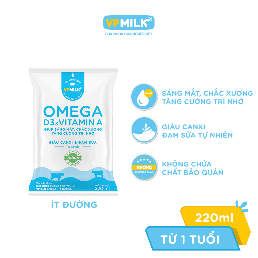 Sữa Dinh Dưỡng Tiệt Trùng VPMilk Omega Ít Đường dạng hộp cho bé trên 1 tuổi 180ml (thùng 48 hộp)